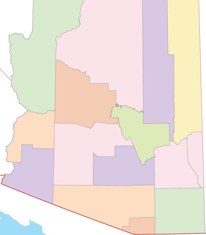 A map of arizona with counties in each region.